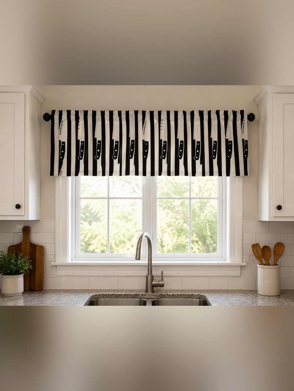 Set Of 2 Black and White Knife Stripe Valance